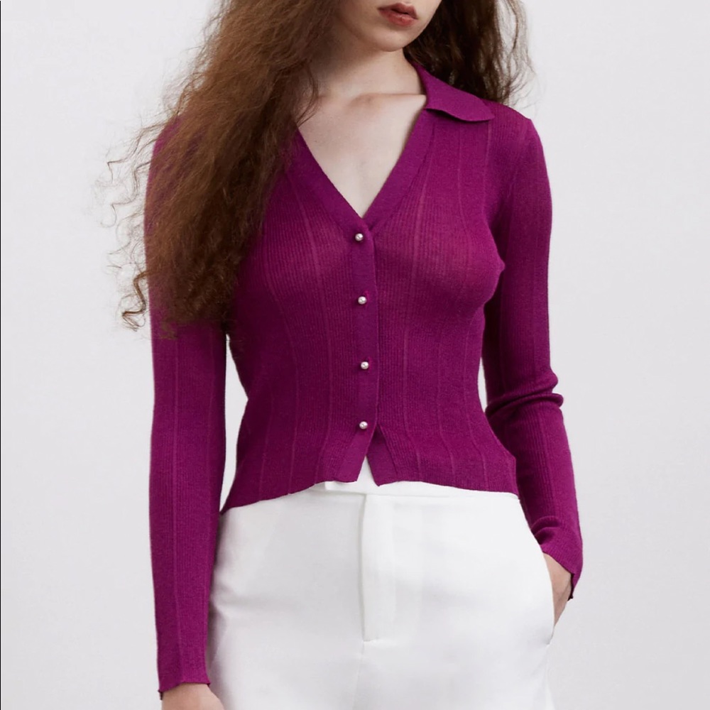 Urban revivo Off-Shoulder Sleeve Shirt Collar Knitted Cardigan